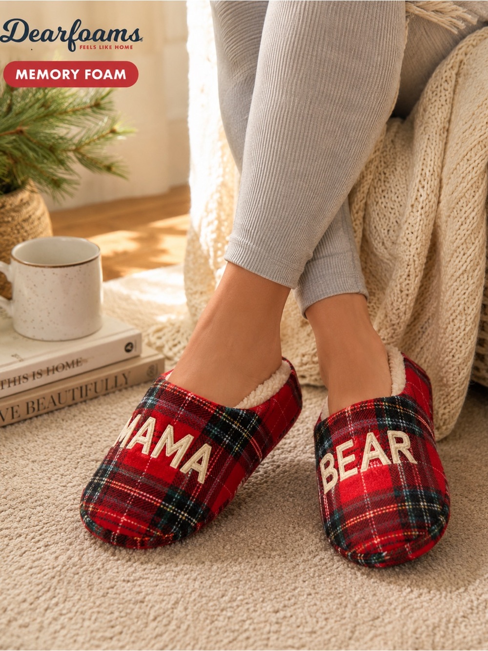 Dearfoams Mama Red Plaid Memory Foam Cozy Slippers XL 11-12 NWT holiday